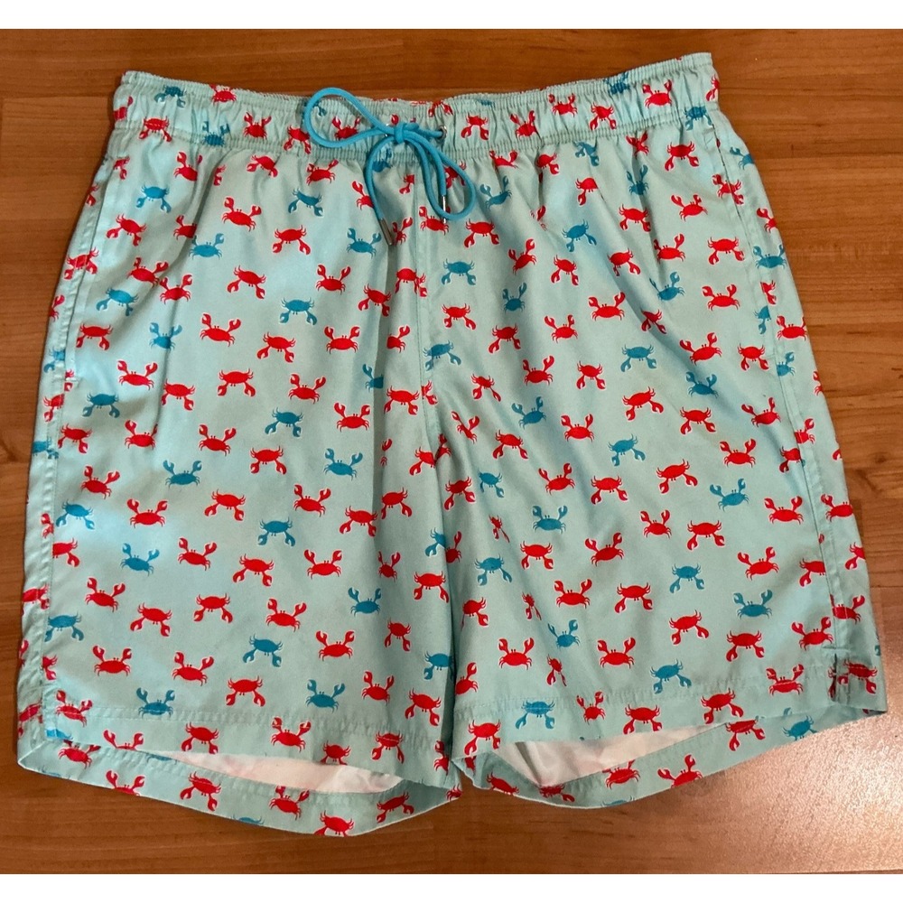 Lands' End Swim Trunks Men Crab Print Aqua Blue Red Lined Drawstring 7.5"